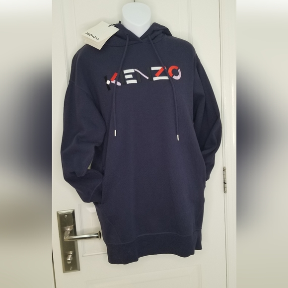 NWT KENZO Navy Embroidered Logo Hoodie Sweatshirt Dress Size S Organic Cotton - Picture 3 of 8